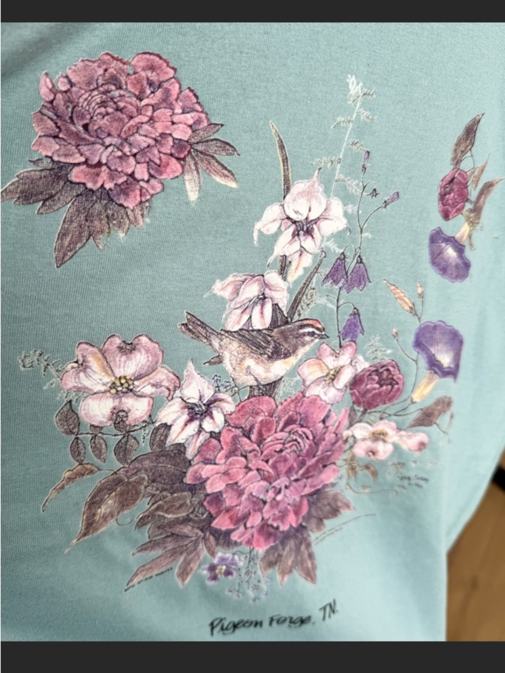 Vtg 90s Pigeon Forge TN Bird Floral Tee L 21x26 Teal Nature Fruit of the Loom - Picture 8 of 13